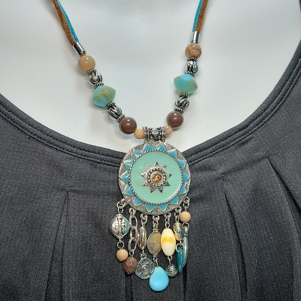 Boho Turquoise Dreamcatcher Necklace with Charms & Beads